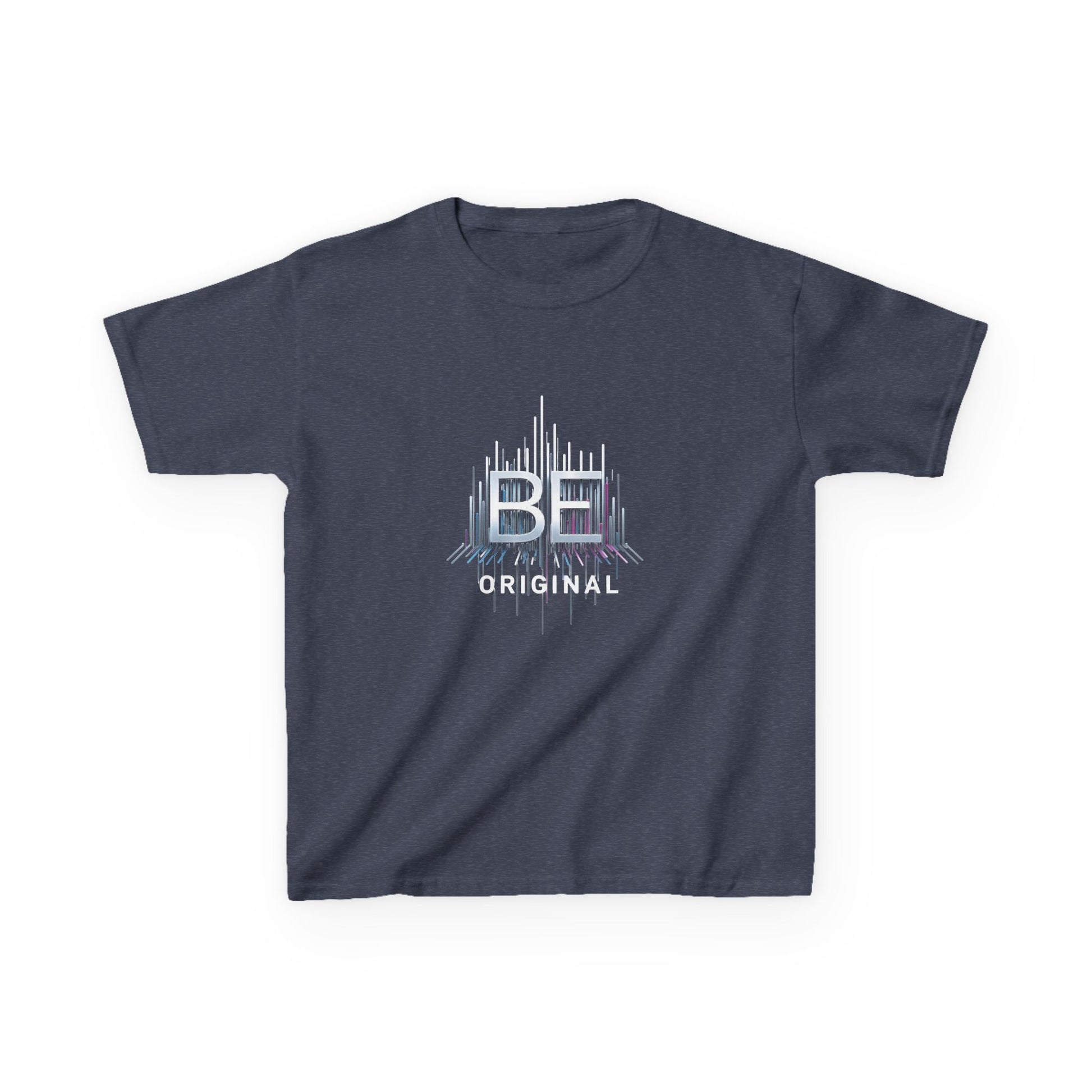A dark navy blue short-sleeve t-shirt with a graphic on the chest featuring the text 'BE ORIGINAL' in white and light blue, displayed on a clean white background.