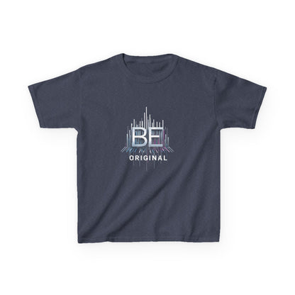 A dark navy blue short-sleeve t-shirt with a graphic on the chest featuring the text 'BE ORIGINAL' in white and light blue, displayed on a clean white background.