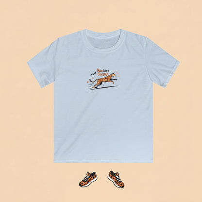 A light blue short-sleeve crewneck t-shirt featuring a small graphic on the chest of a running cheetah with the text 'I can Run Like a Cheetah' in orange and black.