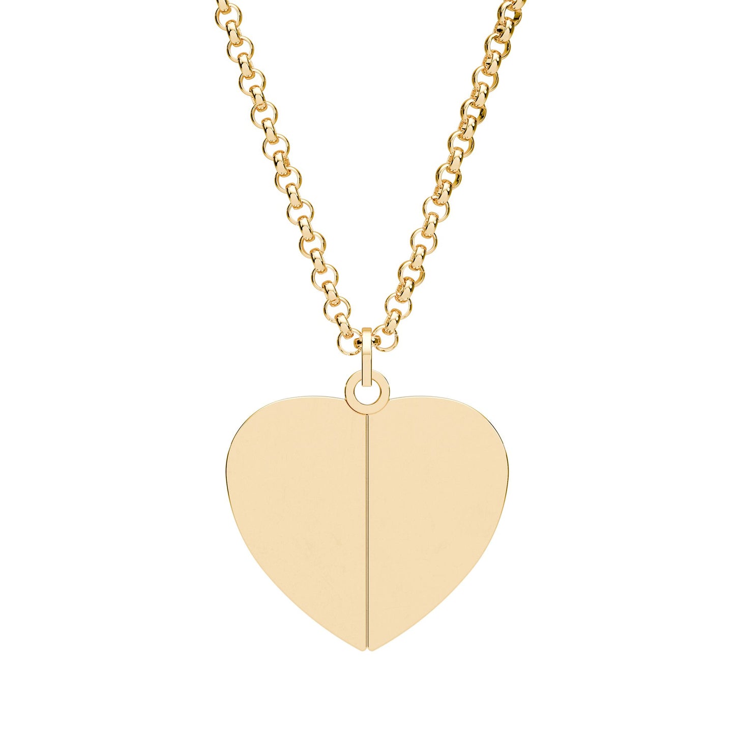 Gold heart-shaped pendant necklace on a white background