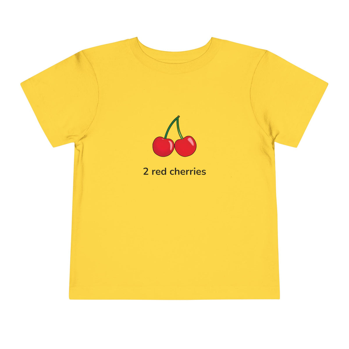 A yellow short-sleeve t-shirt with a graphic of two red cherries and the text '2 red cherries' printed on the chest, displayed on a solid white background.