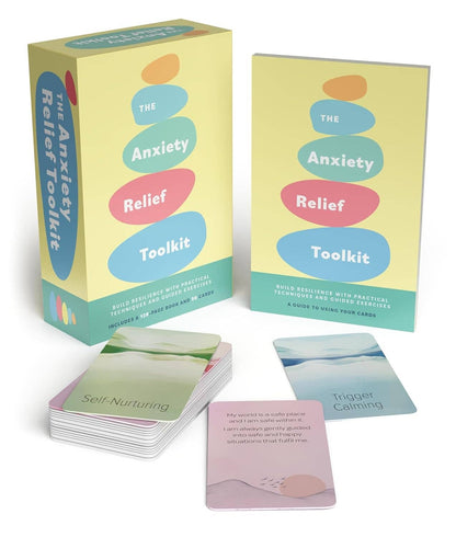 Anxiety Relief Toolkit with cards and packaging on a white background