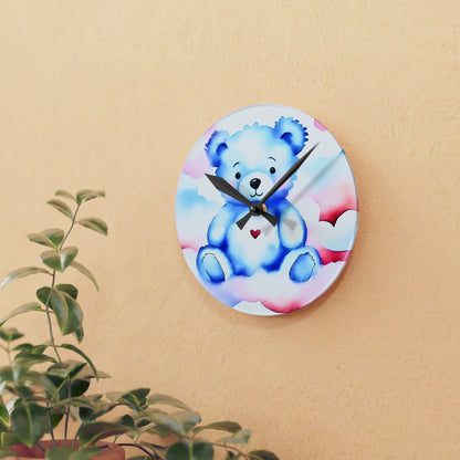 Acrylic Wall Clock — Blue Teddy Bear Nursery Clock with a Heart, Adorable Baby Shower Decor