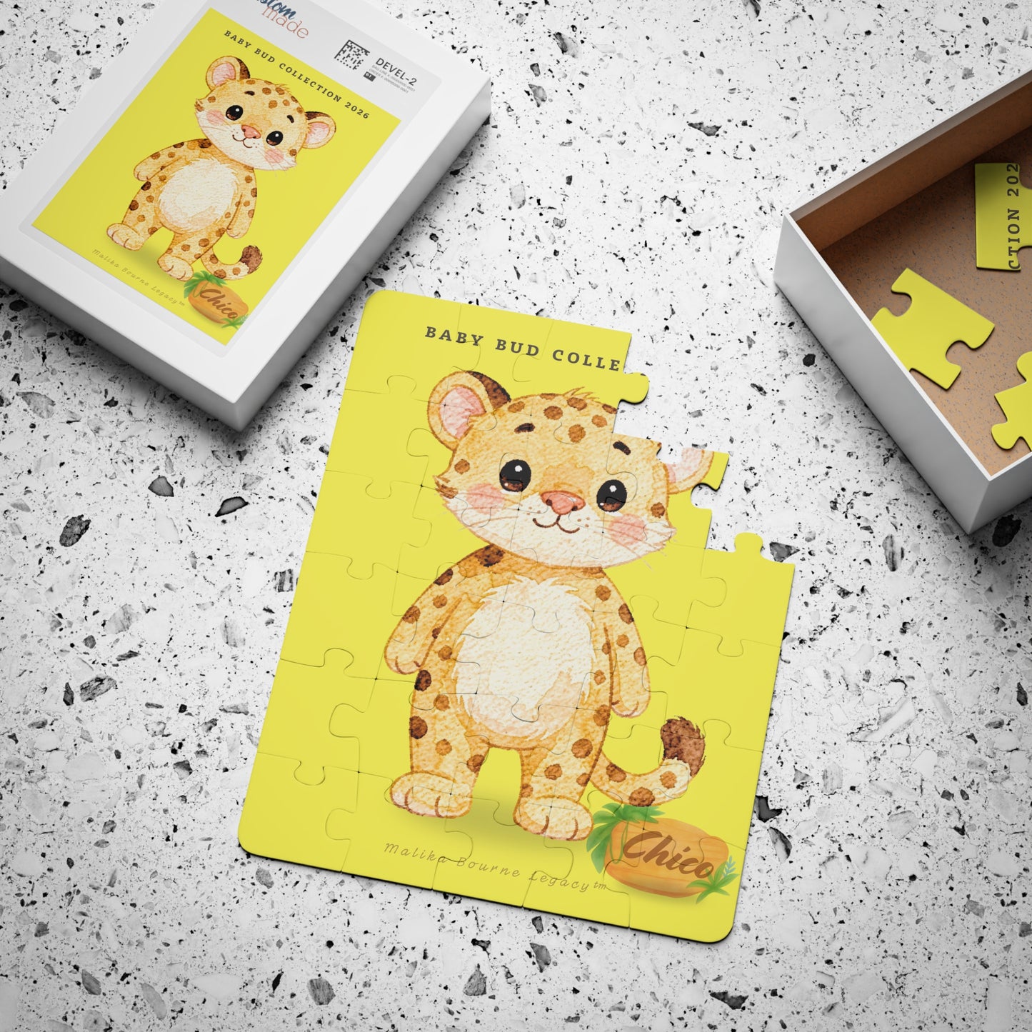 Children's puzzle with a cartoon tiger design on a yellow card, placed on a textured surface.