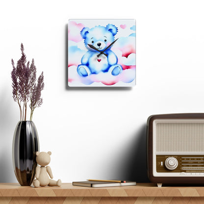 Acrylic Wall Clock — Blue Teddy Bear Nursery Clock with a Heart, Adorable Baby Shower Decor