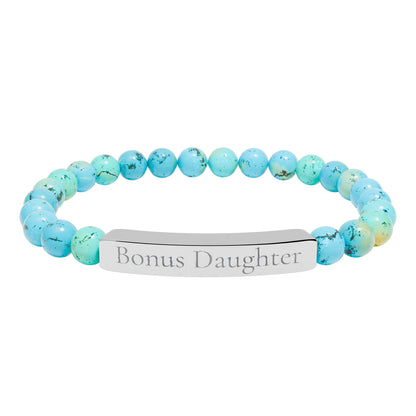 Engraved Stone Bar Bracelet — “Bonus Daughter” Stretch Keepsake Jewelry