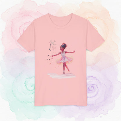 Pink t-shirt with a graphic of a ballerina on a white background