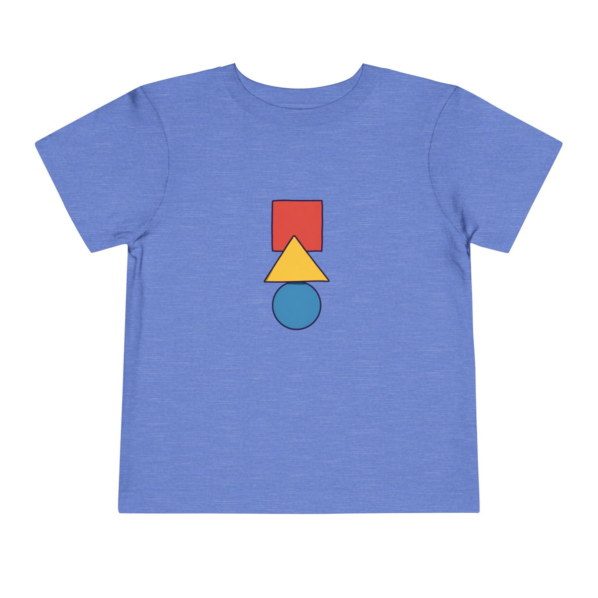 A heather blue short-sleeve t-shirt with a central graphic of stacked geometric shapes: a red square, a yellow triangle, and a teal circle.