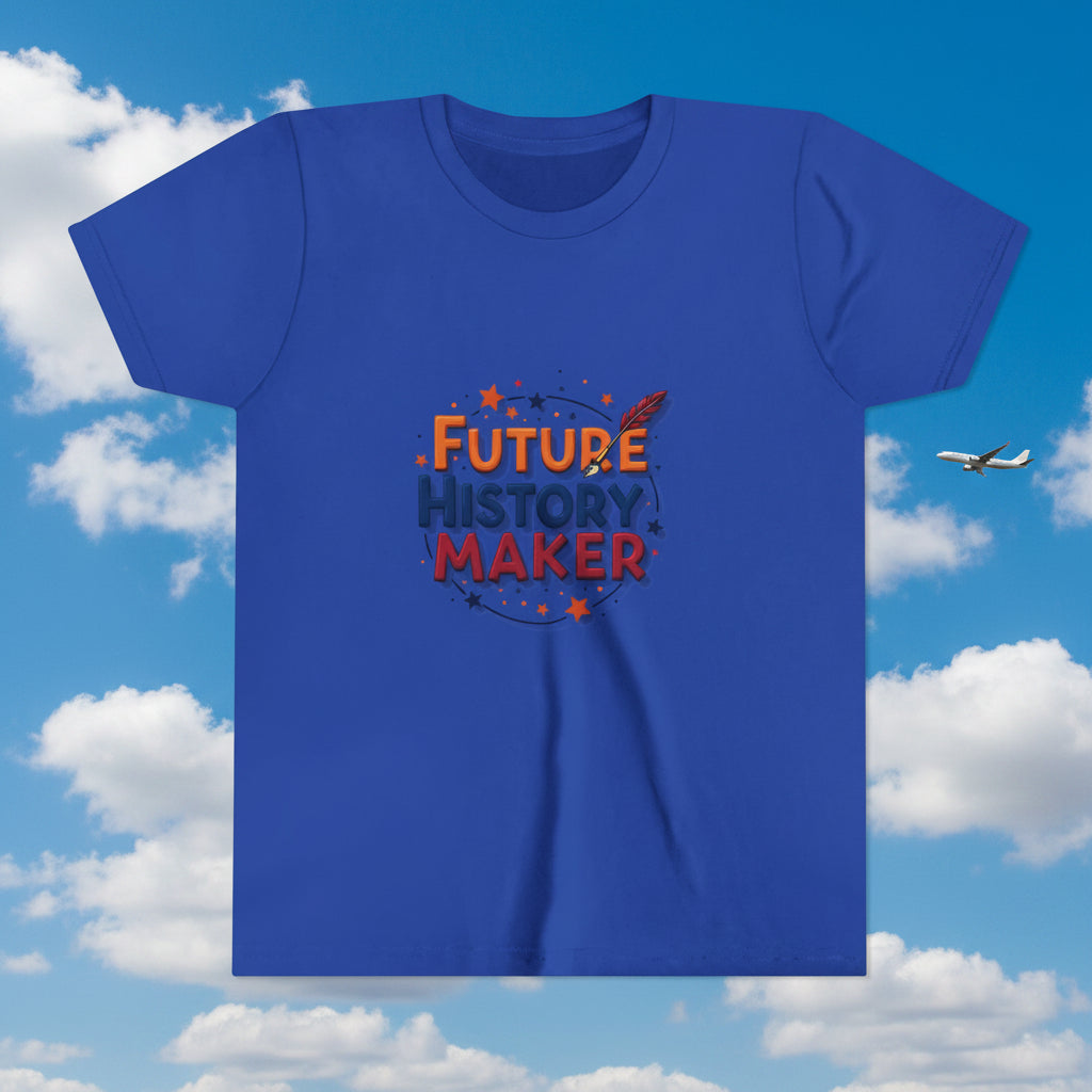 Blue t-shirt with 'Future History Maker' text and graphic on a white sky background