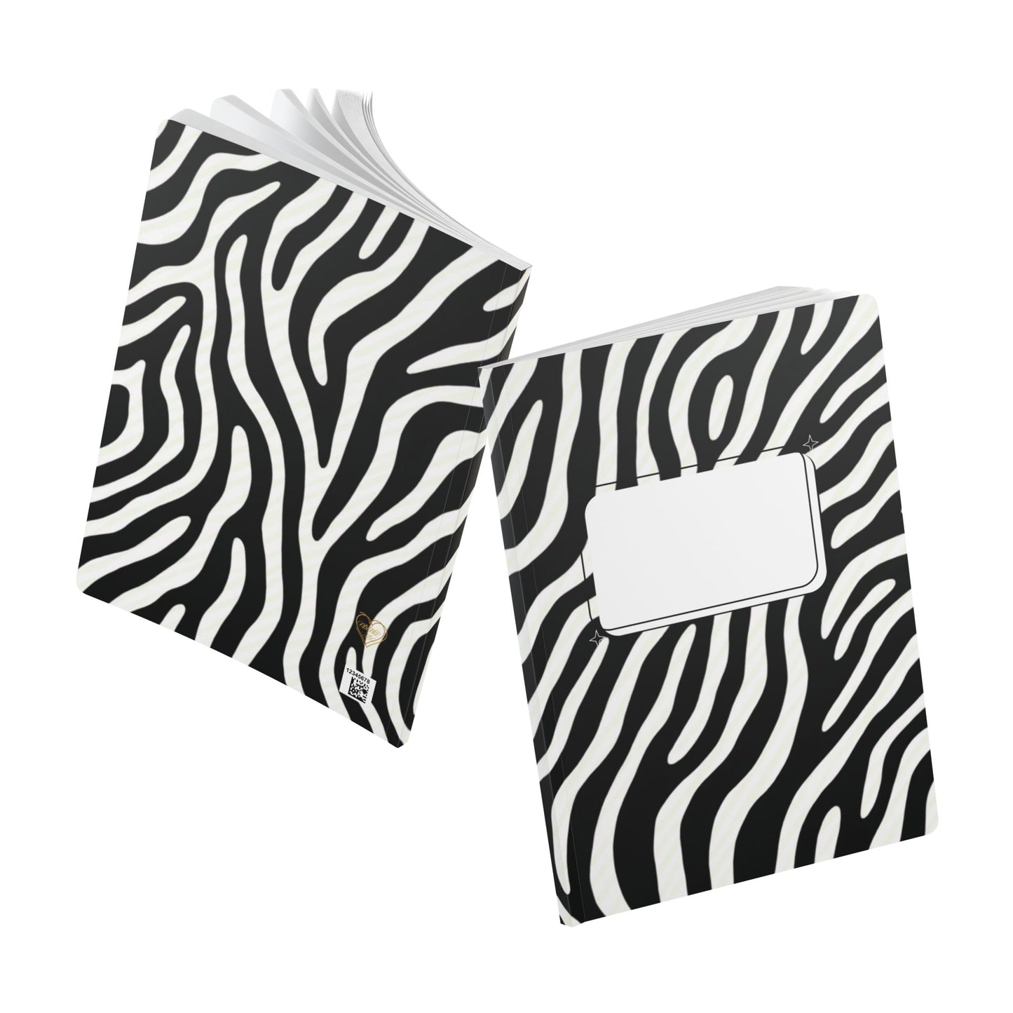 Two zebra-patterned notebooks on a white background
