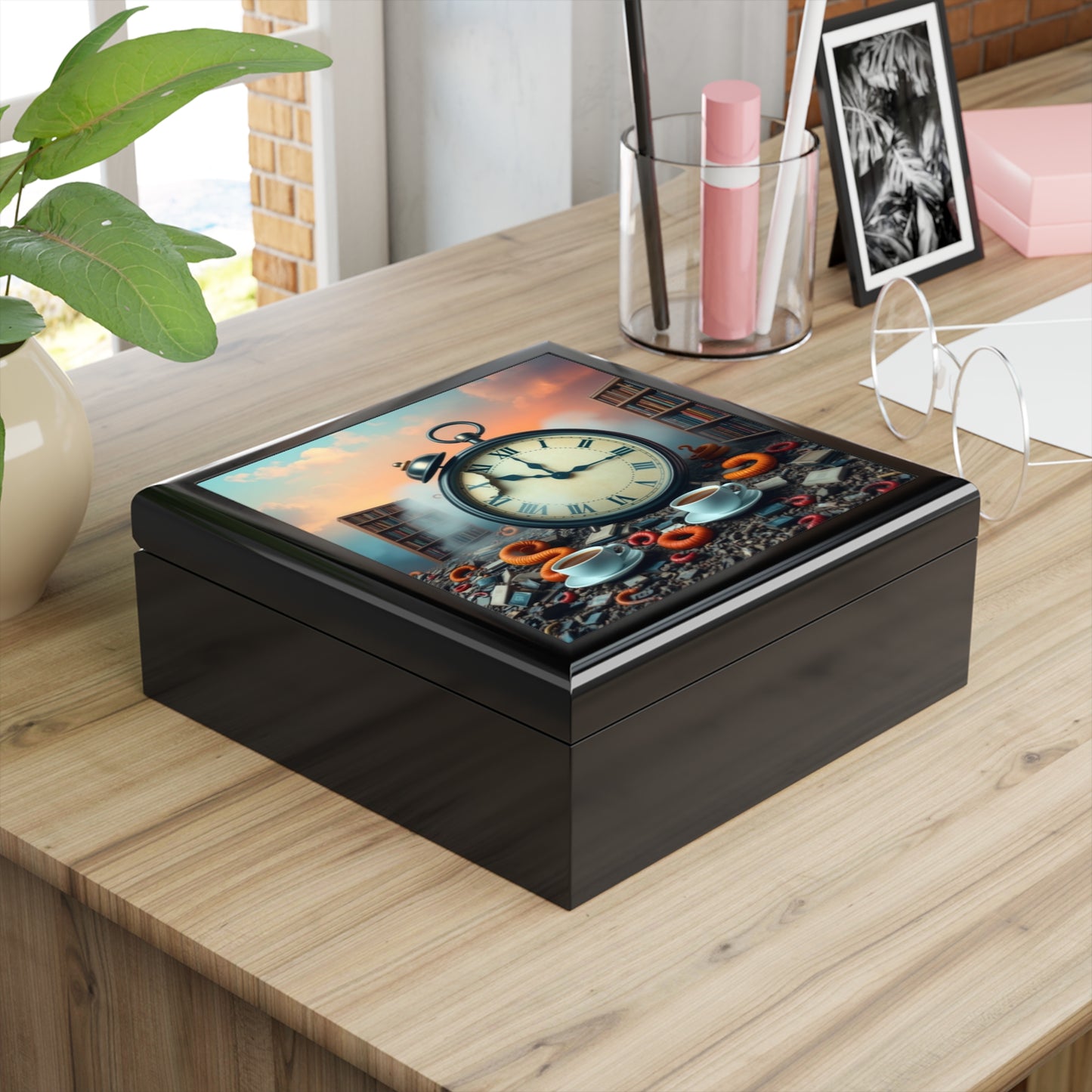 Decorative box with a clock design on a wooden surface