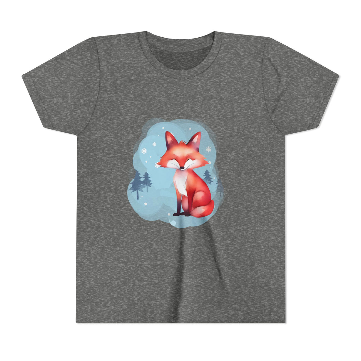 Youth tee featuring Rowan the Winter Listener Fox sitting peacefully in a snowy woodland scene, printed on navy or deep heather.