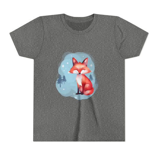 Youth tee featuring Rowan the Winter Listener Fox sitting peacefully in a snowy woodland scene, printed on navy or deep heather.