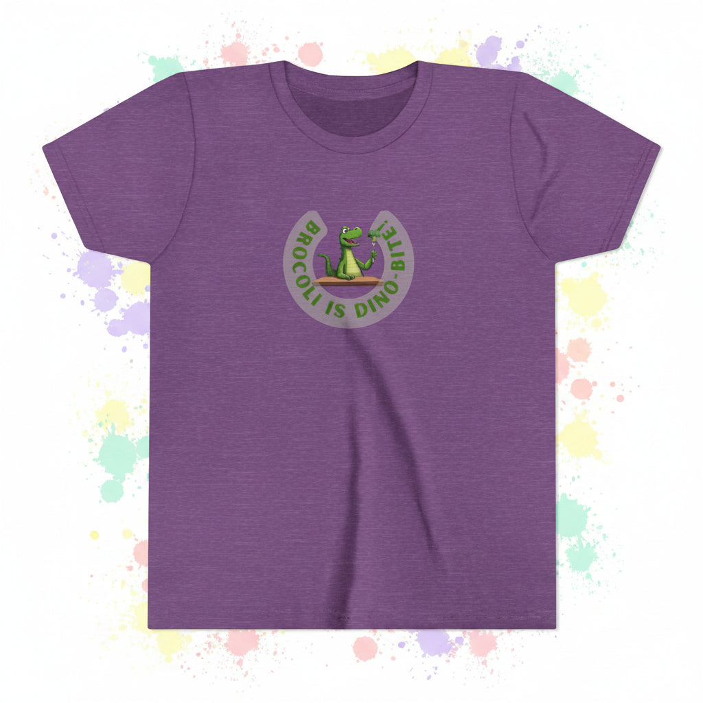 Purple t-shirt with a dinosaur eting brocolli graphic and text on a colorful background