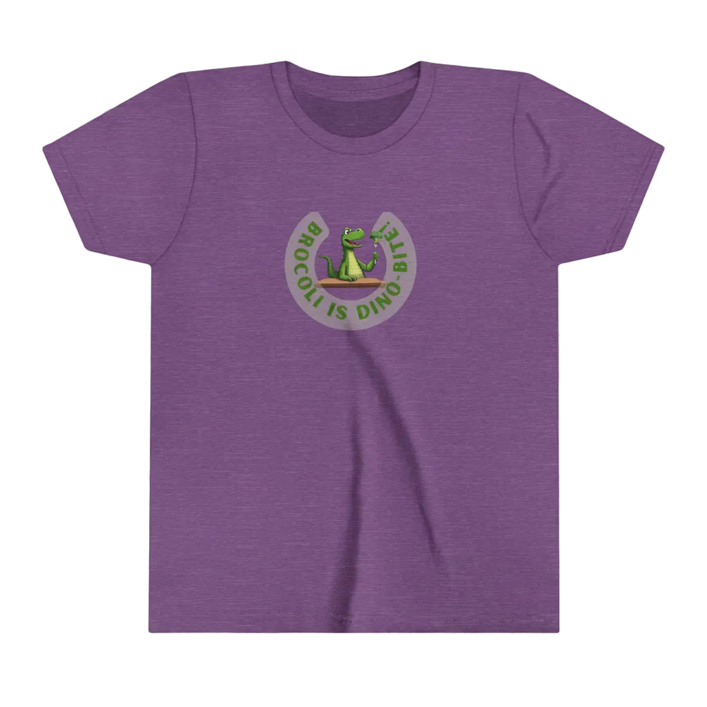 Purple t-shirt with a dinosaur eting brocolli graphic and text on a colorful background