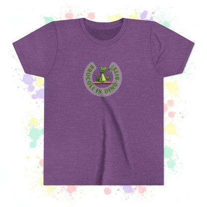 Purple t-shirt with a dinosaur eting brocolli graphic and text on a colorful background