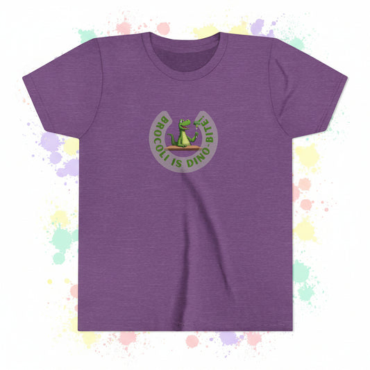 Purple t-shirt with a dinosaur eting brocolli graphic and text on a colorful background