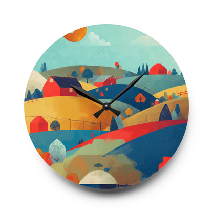 Acrylic Wall Clock — Patchwork Farmland Colorful Landscape Art Timepiece