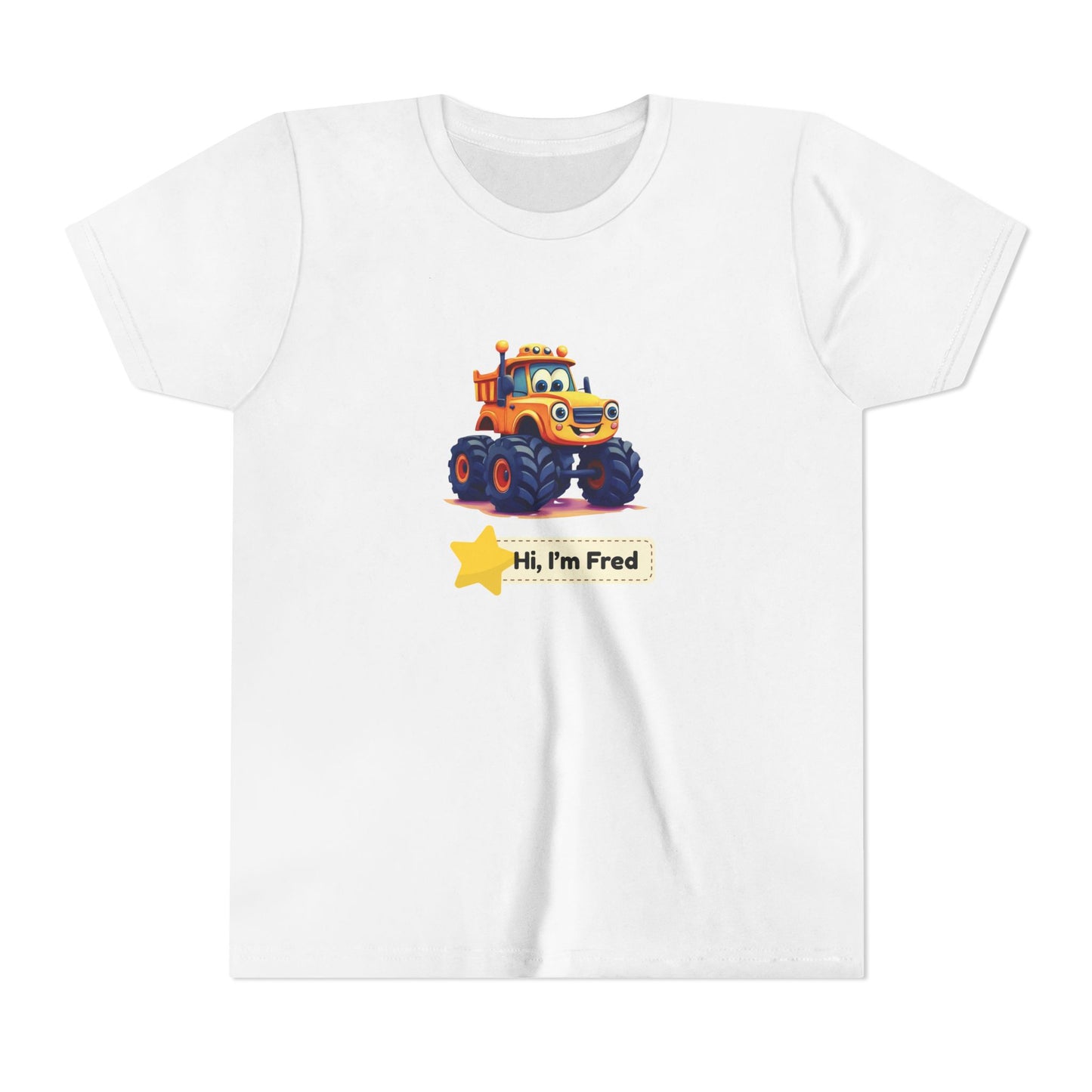 A white short-sleeve crewneck t-shirt featuring a colorful cartoon graphic of an orange and yellow monster truck with the text 'Hi, I'm Fred' below it.