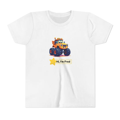 A white short-sleeve crewneck t-shirt featuring a colorful cartoon graphic of an orange and yellow monster truck with the text 'Hi, I'm Fred' below it.