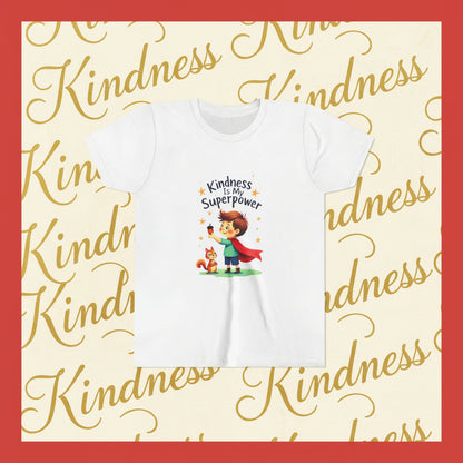 White t-shirt with a child and squirrel graphic and 'Kindness is my superpower' text on a white background