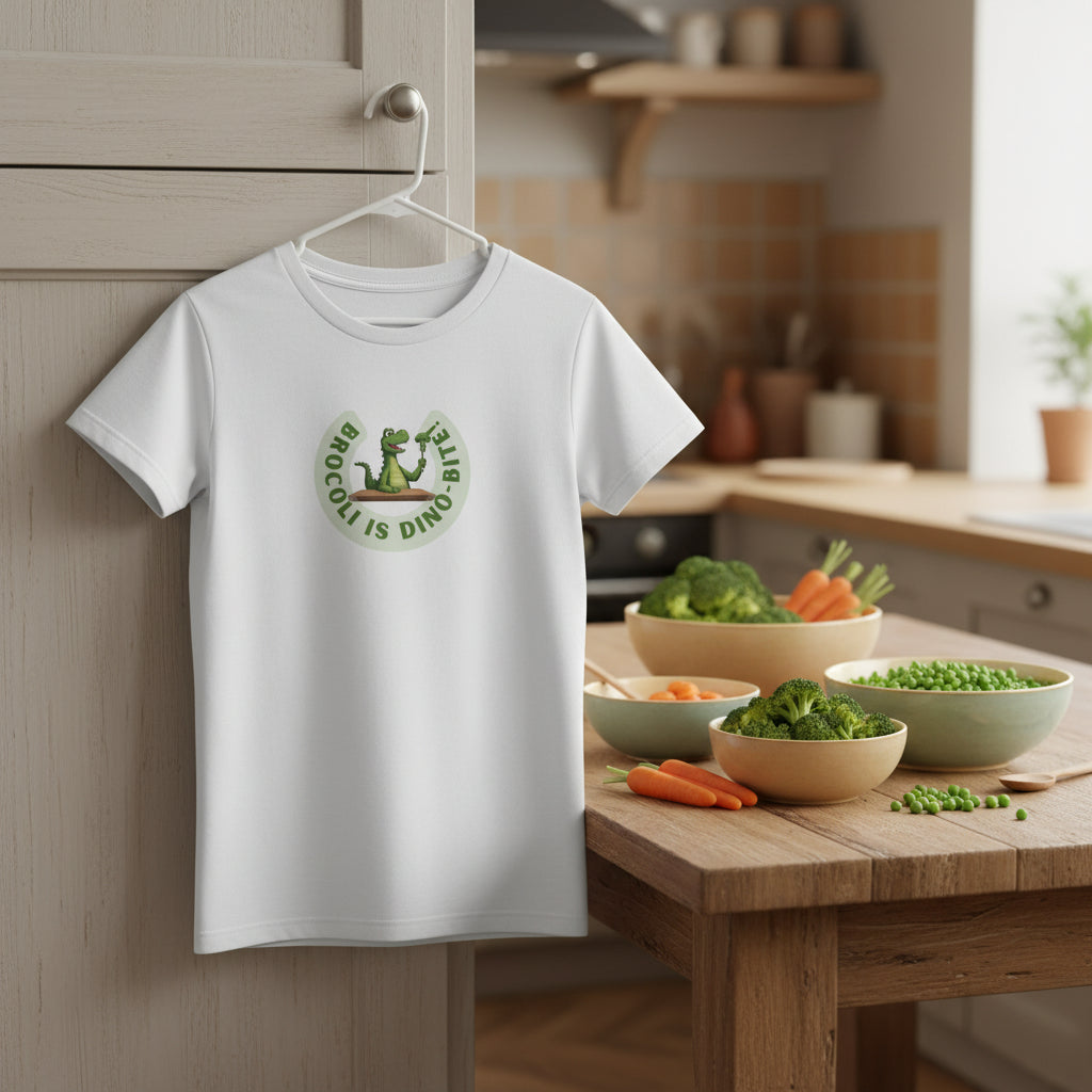A white short-sleeve crewneck t-shirt featuring a circular green graphic on the chest with a cartoon dinosaur and the text Broccoli is dino-bite. Colorful background