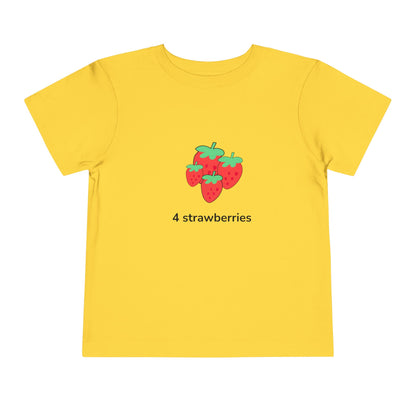 A yellow short-sleeve t-shirt with a graphic of four red strawberries with green tops and the text '4 strawberries' printed below it, displayed on a solid white background.