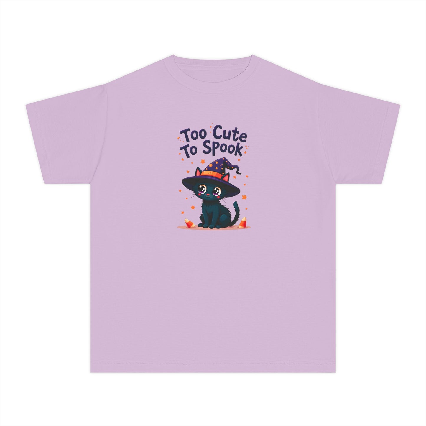 A light purple short-sleeve t-shirt with a central graphic of a cute black cat wearing a witch hat and the text 'Too Cute To Spook' in a playful font.