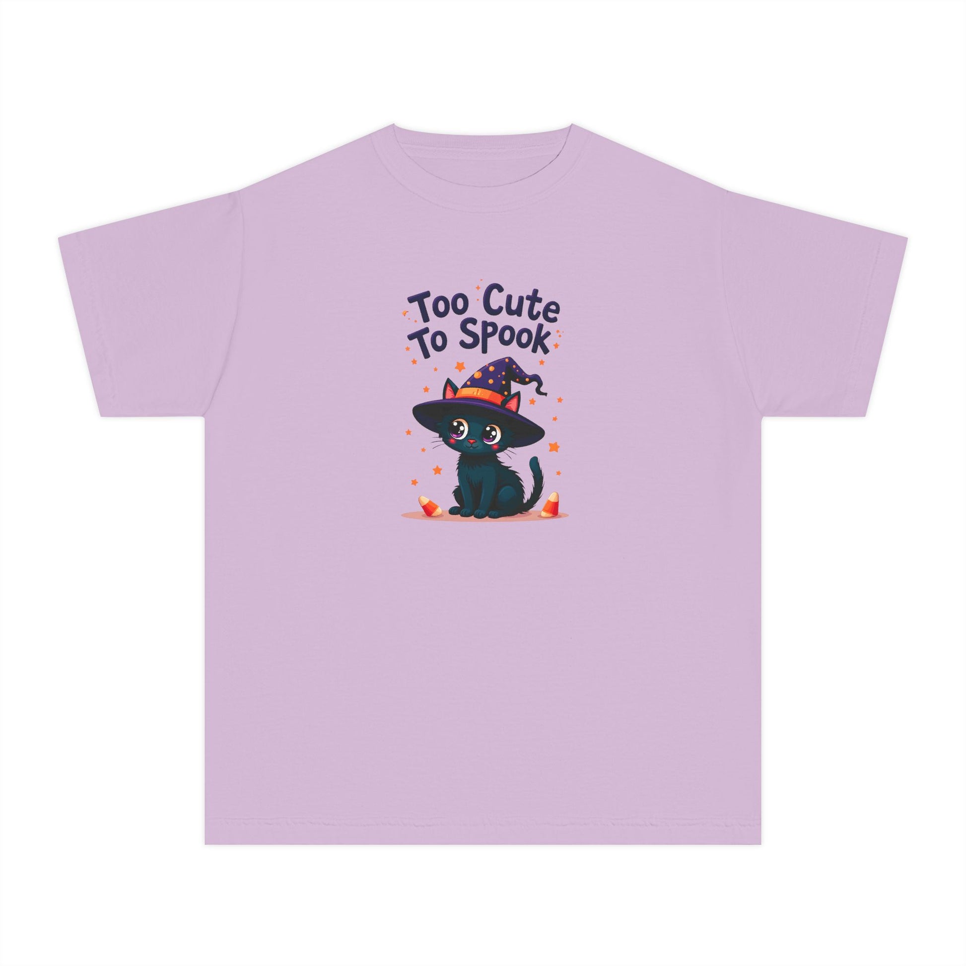 A light purple short-sleeve t-shirt with a central graphic of a cute black cat wearing a witch hat and the text 'Too Cute To Spook' in a playful font.