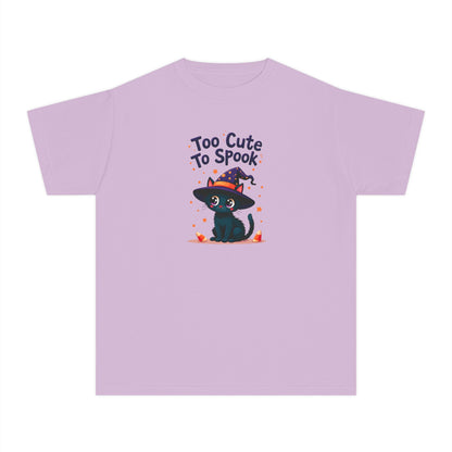 A light purple short-sleeve t-shirt with a central graphic of a cute black cat wearing a witch hat and the text 'Too Cute To Spook' in a playful font.