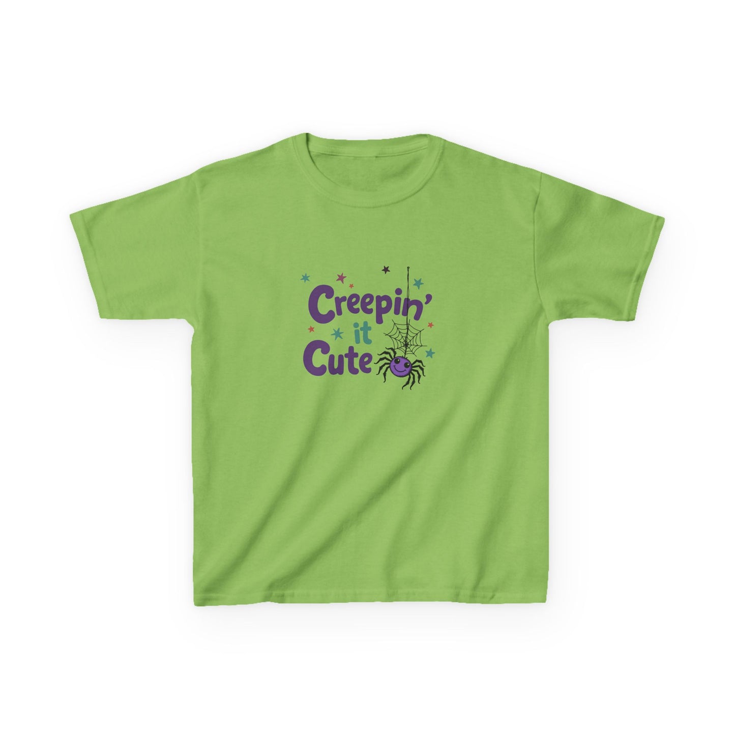 An orange short-sleeve kids' t-shirt with a 'Creepin' Cute' Halloween graphic on the chest, featuring purple text, a spider, and small stars, displayed on a clean white background. Lime