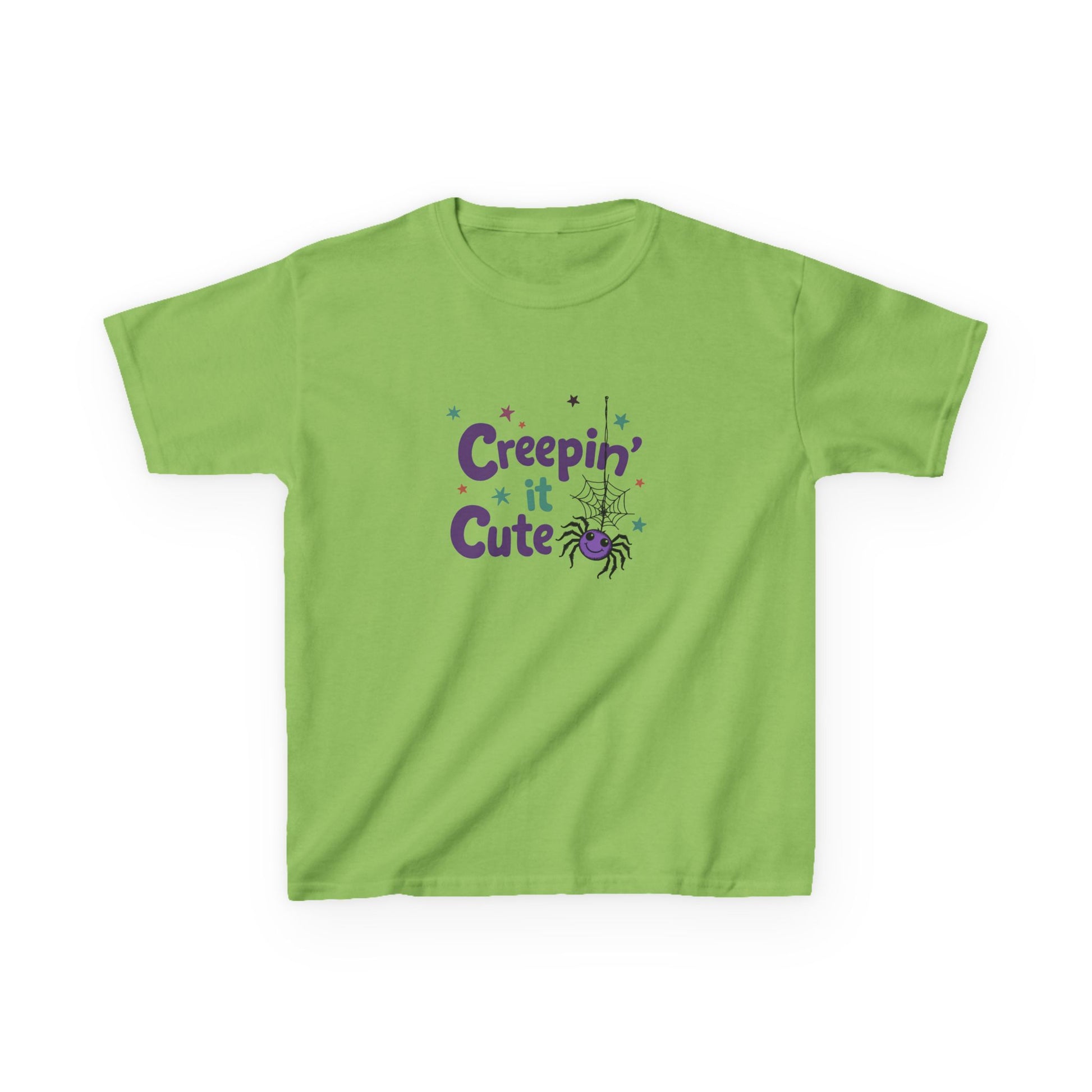 An orange short-sleeve kids' t-shirt with a 'Creepin' Cute' Halloween graphic on the chest, featuring purple text, a spider, and small stars, displayed on a clean white background. Lime