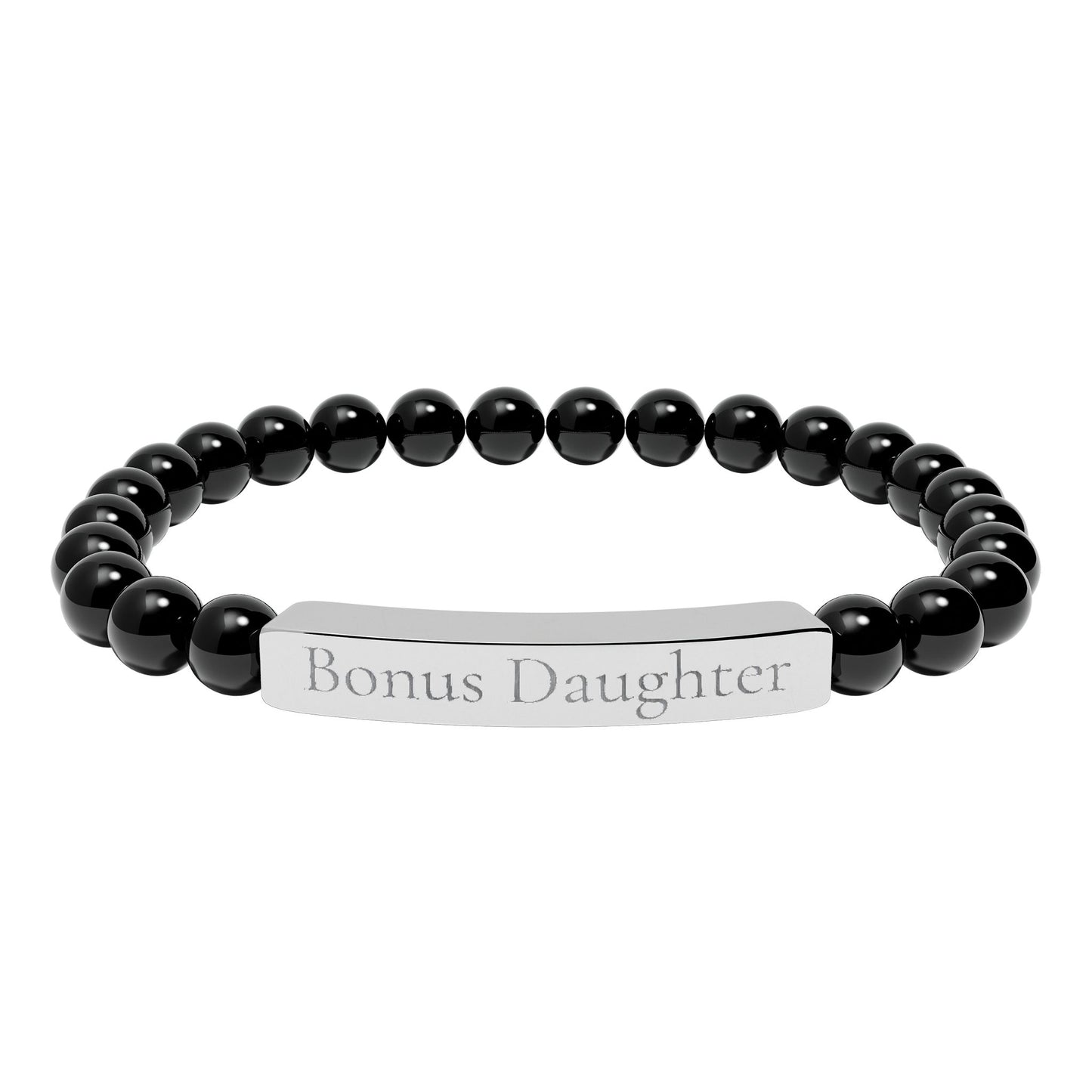 Engraved Stone Bar Bracelet — “Bonus Daughter” Stretch Keepsake Jewelry