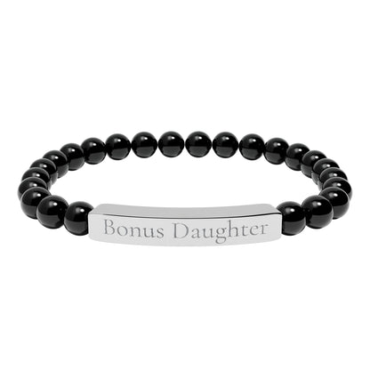 Engraved Stone Bar Bracelet — “Bonus Daughter” Stretch Keepsake Jewelry