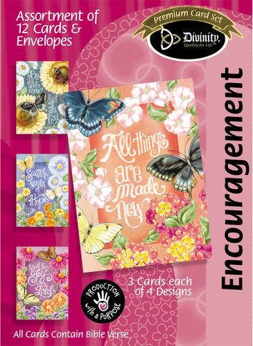 Assortment of 12 cards and envelopes with butterfly designs and Bible verse text, featuring the Divinity Card Set brand.