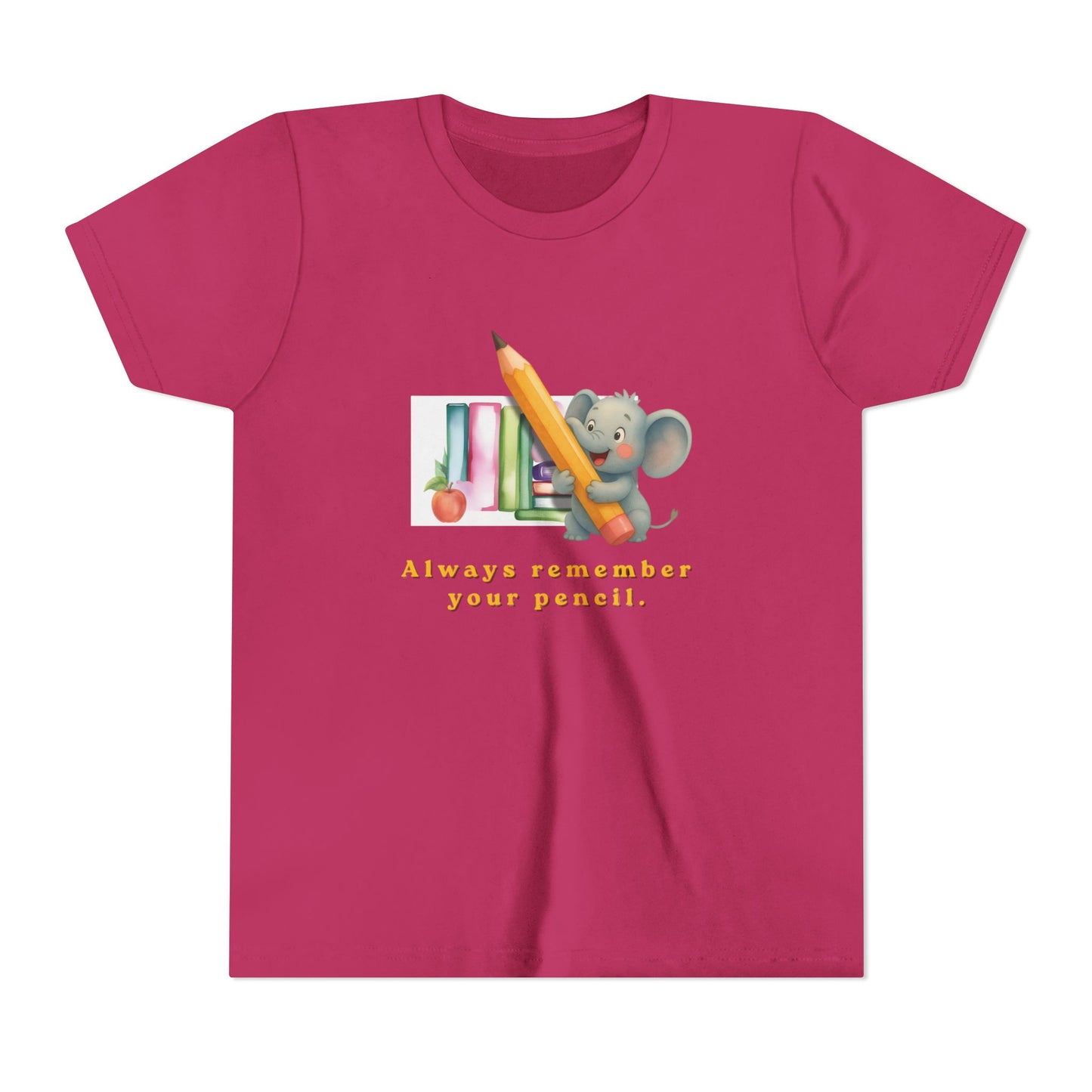 Berry Pink t-shirt with a cartoon elephant holding a pencil and books, and text 'Always remember your pencil' on a white background.
