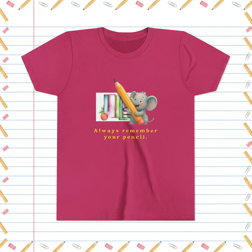 Berry Pink t-shirt with a cartoon elephant holding a pencil and books, and text 'Always remember your pencil' on a white background.