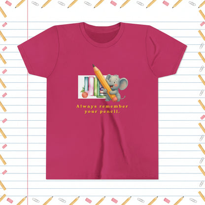 Berry Pink t-shirt with a cartoon elephant holding a pencil and books, and text 'Always remember your pencil' on a white background.