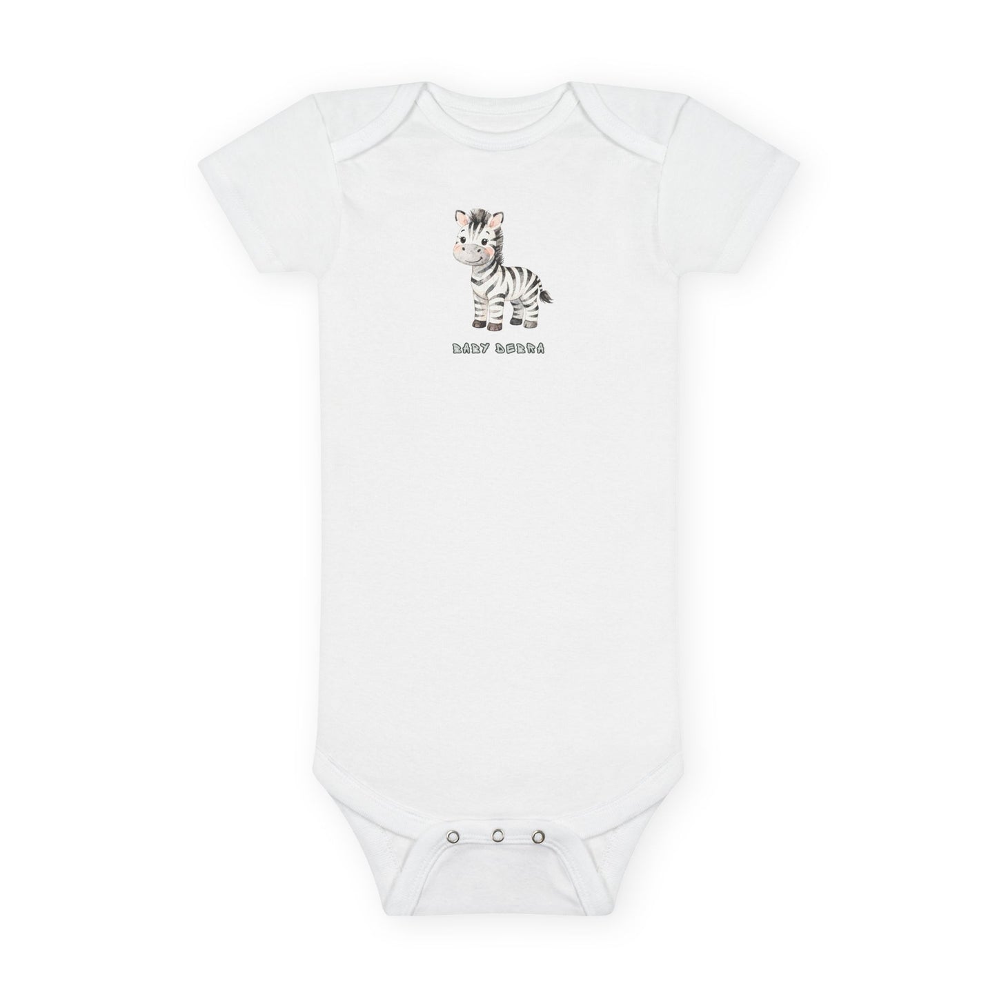 White baby onesie with a zebra design and text on a white background