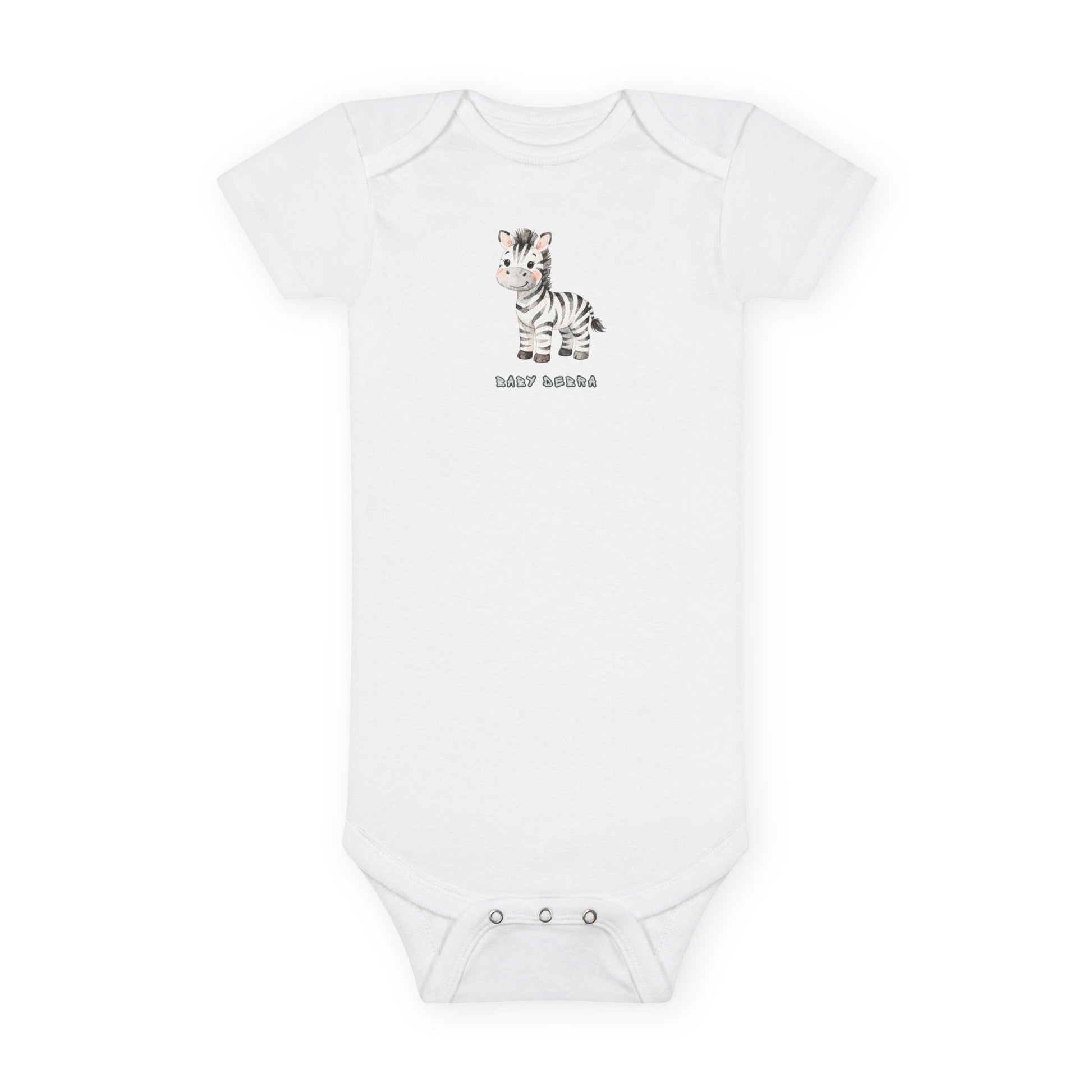 White baby onesie with a zebra design and text on a white background