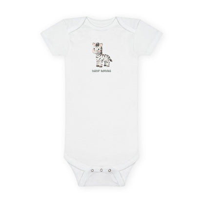 White baby onesie with a zebra design and text on a white background