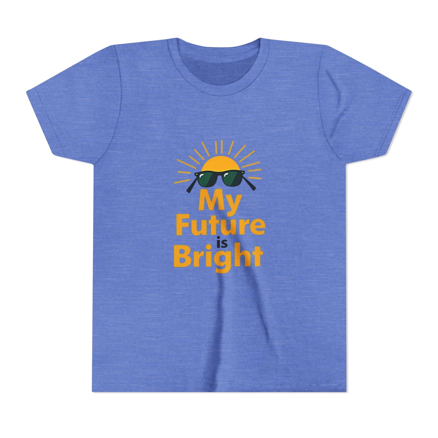 Blue t-shirt with 'My Future is Bright' text and sun graphic on a white background