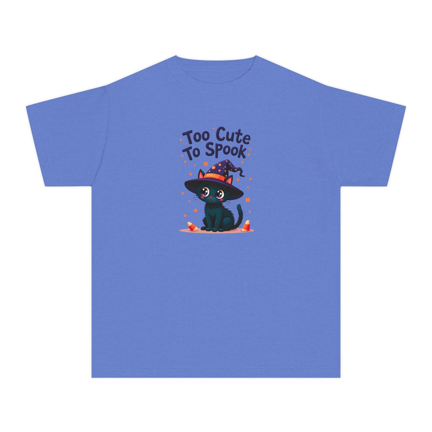 A blue short-sleeve crewneck t-shirt featuring a cartoon graphic of a cute black cat wearing a witch hat with the text 'Too Cute To Spook' on the front, displayed on a solid white background.