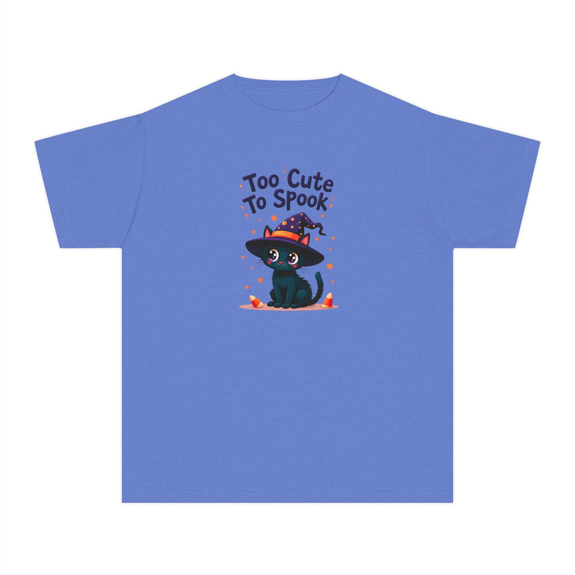 A blue short-sleeve crewneck t-shirt featuring a cartoon graphic of a cute black cat wearing a witch hat with the text 'Too Cute To Spook' on the front, displayed on a solid white background.