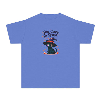 A blue short-sleeve crewneck t-shirt featuring a cartoon graphic of a cute black cat wearing a witch hat with the text 'Too Cute To Spook' on the front, displayed on a solid white background.