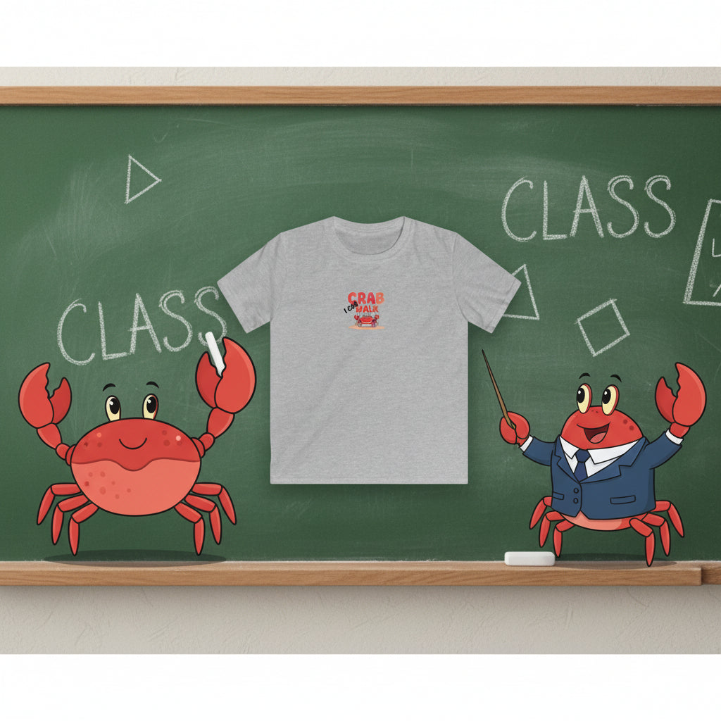 A heather gray short-sleeve t-shirt with a graphic on the chest that reads 'I can CRAB WALK' in red and black text above a small red crab illustration, displayed on a solid white background.
