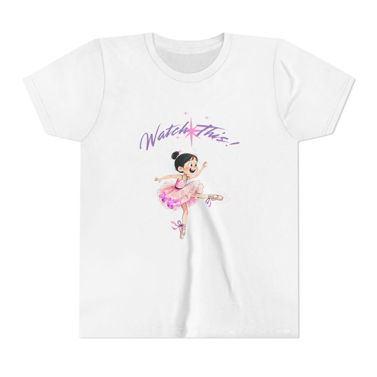 A white short-sleeve crewneck t-shirt featuring a cartoon illustration of a young ballerina in a pink tutu with the text 'Watch This!' in purple script above her, displayed on a clean white background. AI