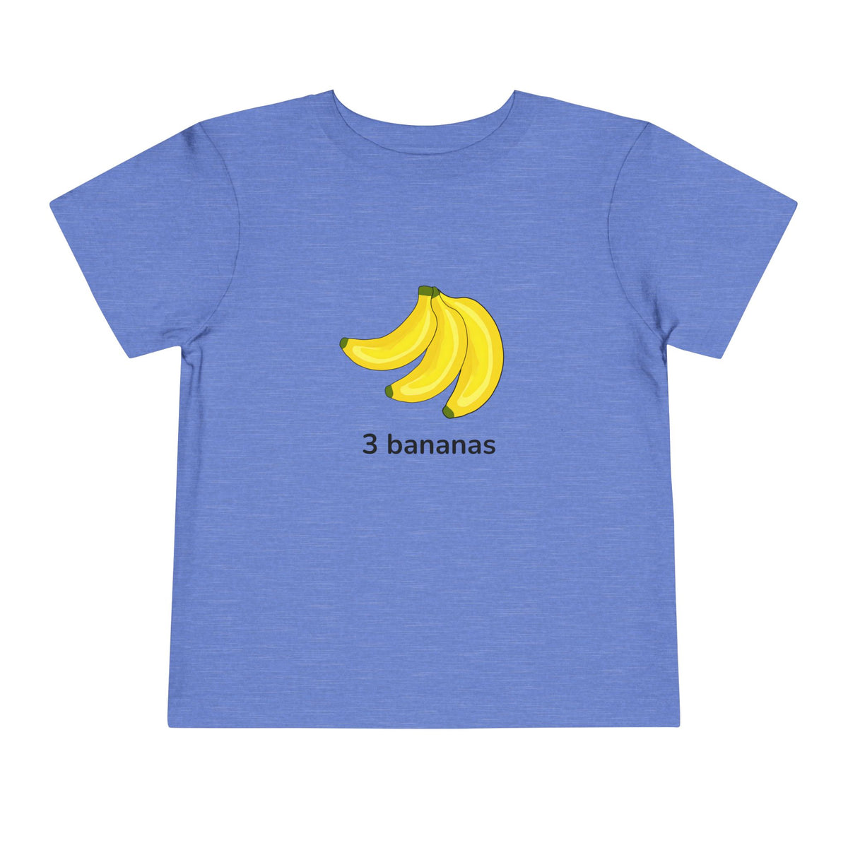 A heather blue short-sleeve t-shirt with a graphic of three yellow bananas and the text '3 bananas' printed on the chest, shown against a plain white background.