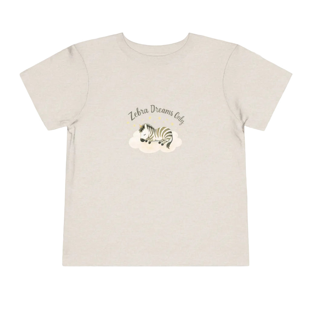 Beige natural t-shirt with zebra graphic and 'Zebra Dreams Only' text on a white background