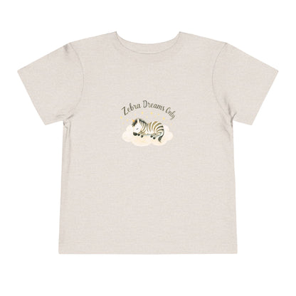 Beige natural t-shirt with zebra graphic and 'Zebra Dreams Only' text on a white background